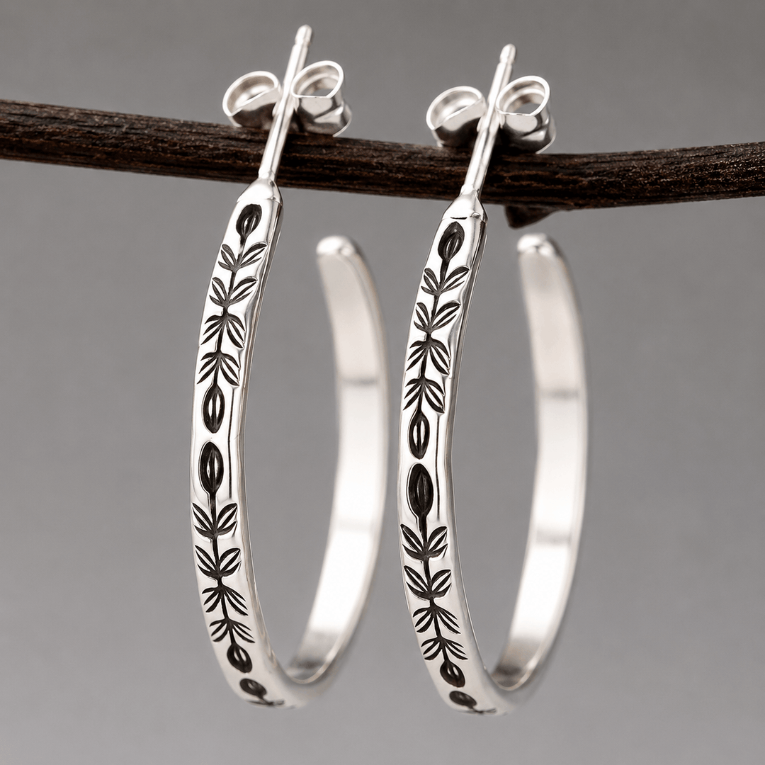 Vintage Botanical Bloom Engraved Silver Hoop Earrings