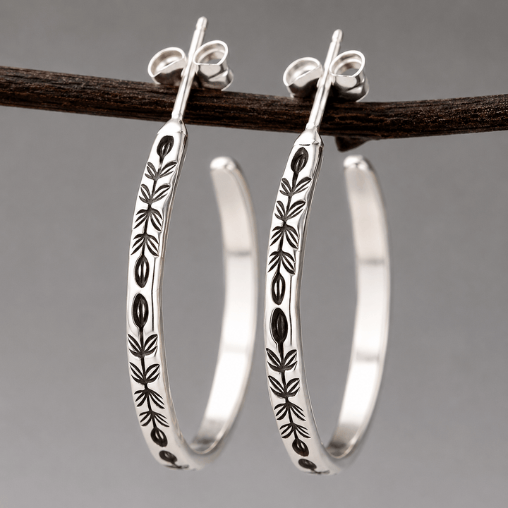Vintage Botanical Bloom Engraved Silver Hoop Earrings