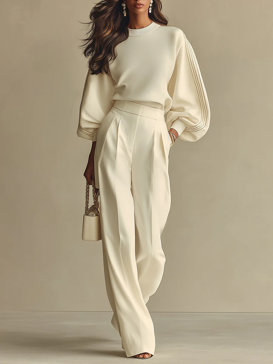 Traje de top de canalé con cuello redondo y pantalones de pierna ancha de talle alto Sophie