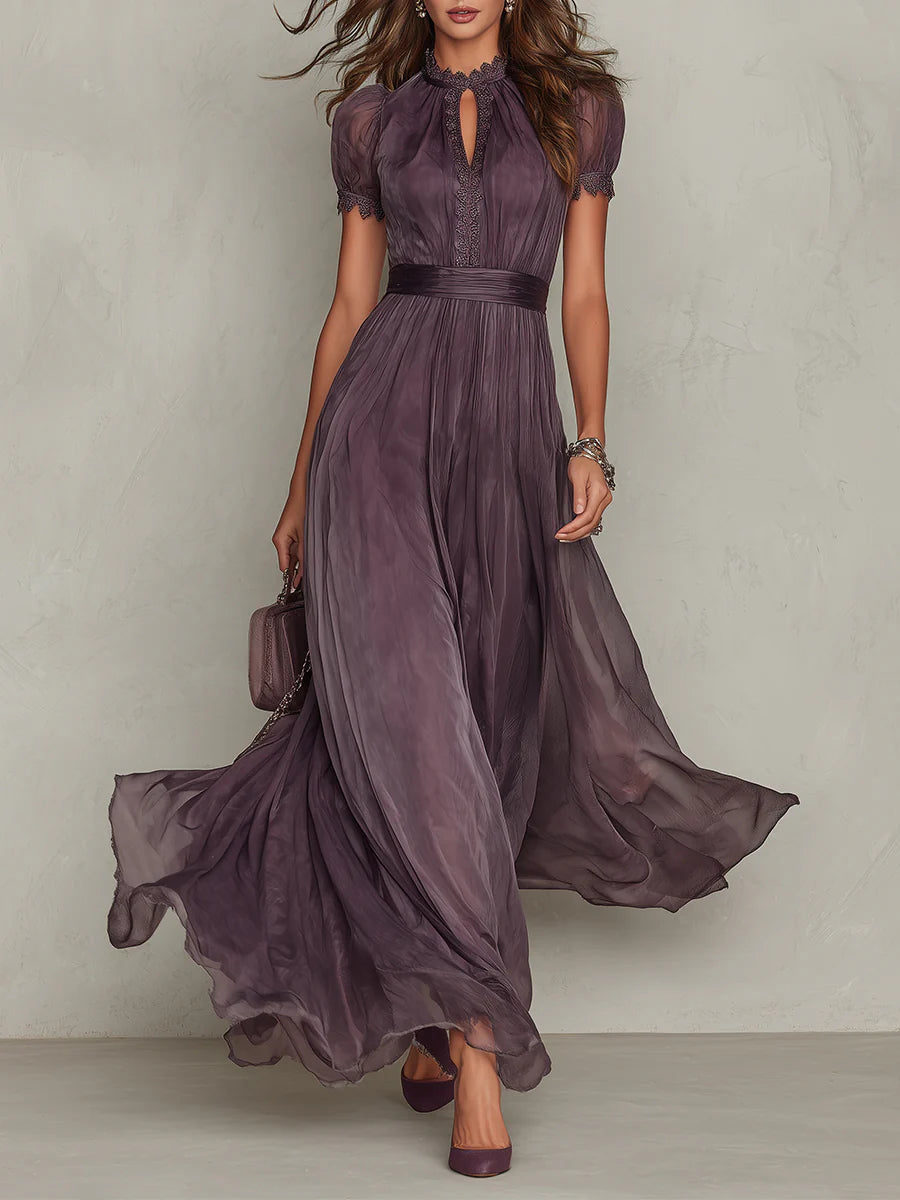 Flavia | Vestido largo elegante morado con escote en caída y encaje