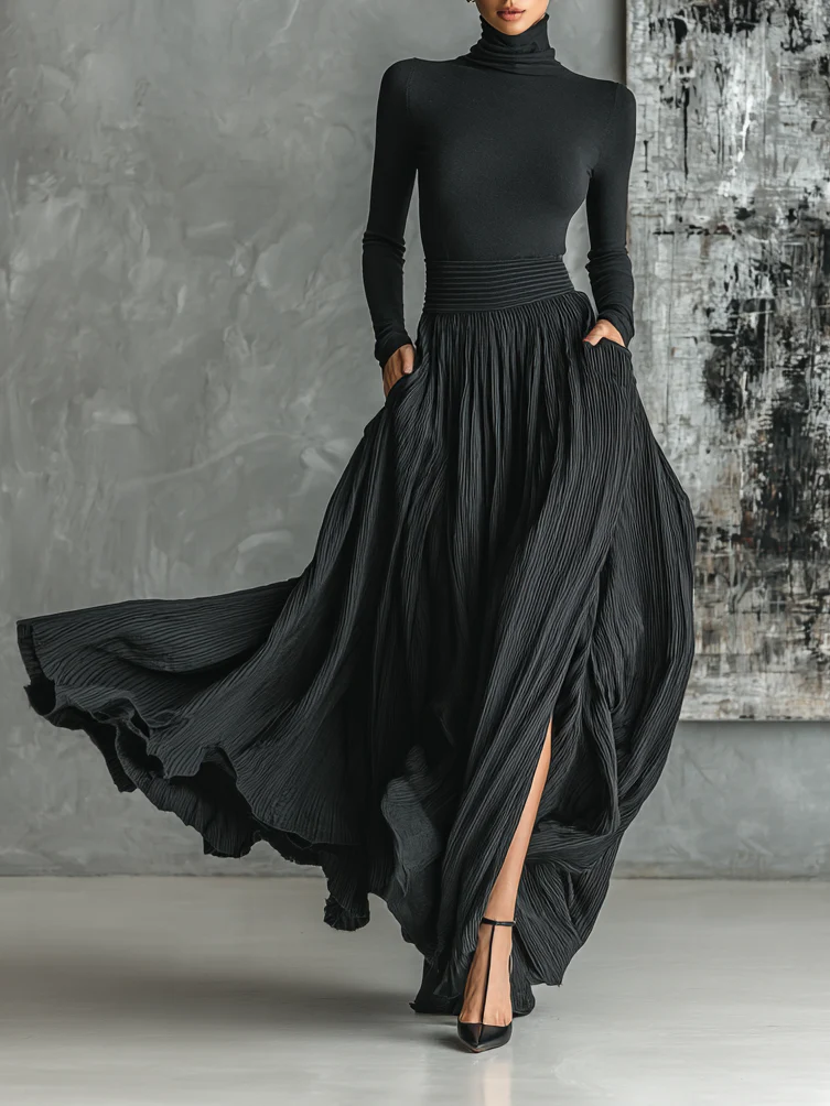 Conjunto completamente negro de cuello alto y falda plisada Samantha