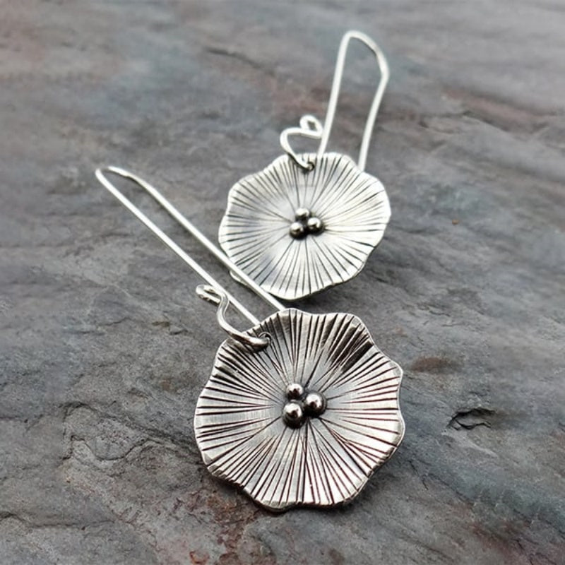 Handcrafted Textured Silver Flower Drop Earrings