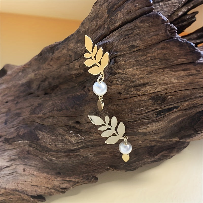 Vintage Elegant Gold Leaf & Pearl Drop Earrings