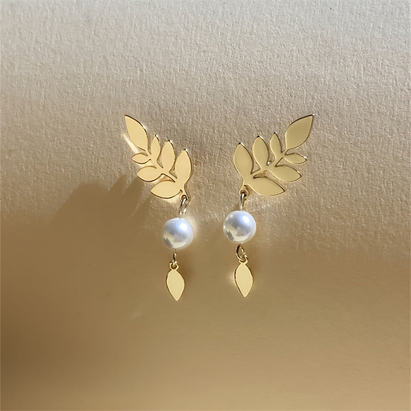 Vintage Elegant Gold Leaf & Pearl Drop Earrings