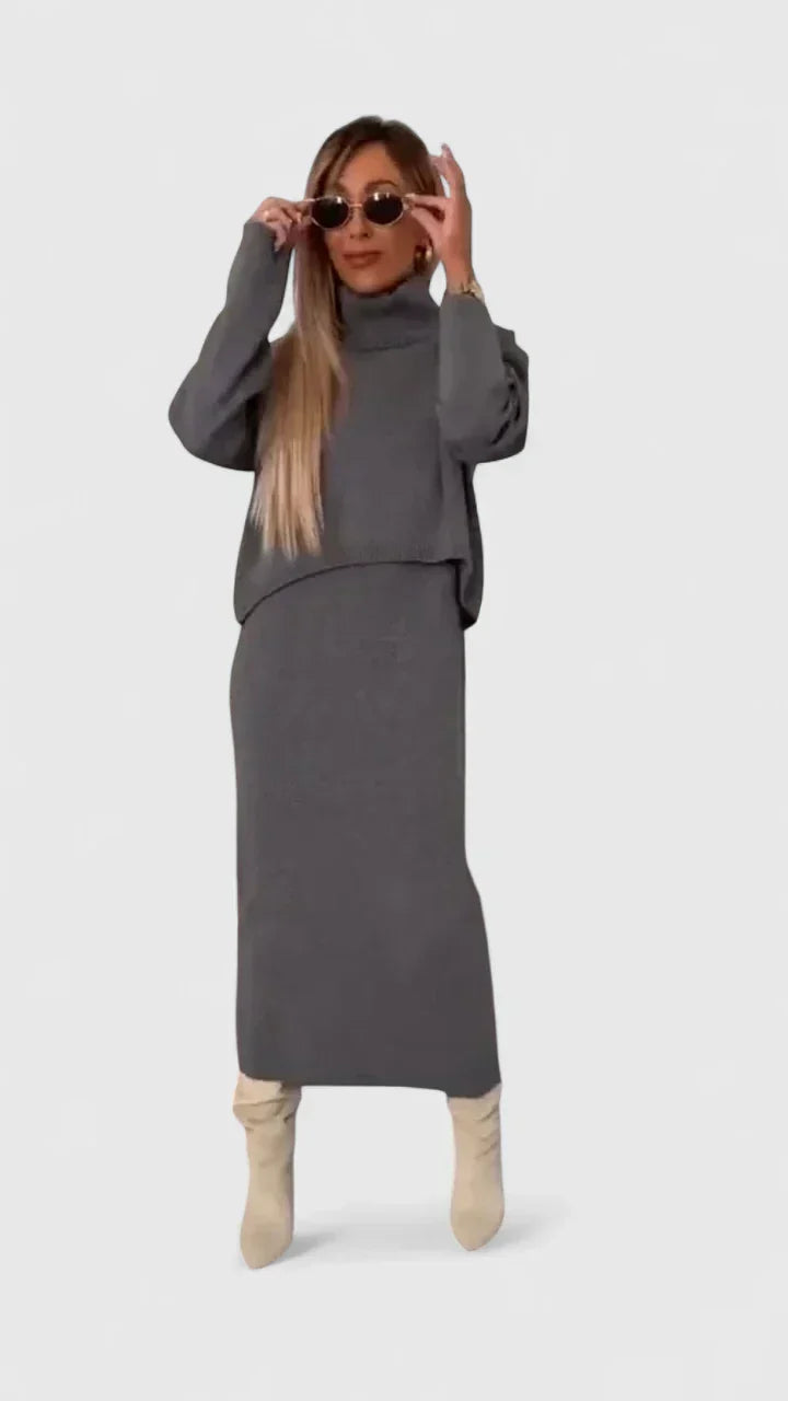 Chrystahl | Conjunto elegante de vestido y suéter de cuello alto