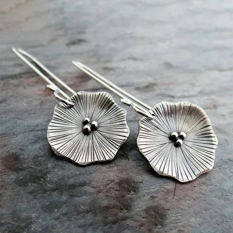 Handcrafted Textured Silver Flower Drop Earrings