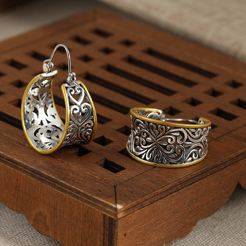 Vintage Two-Tone Hand Carved Bohemian Hoop Earrings
