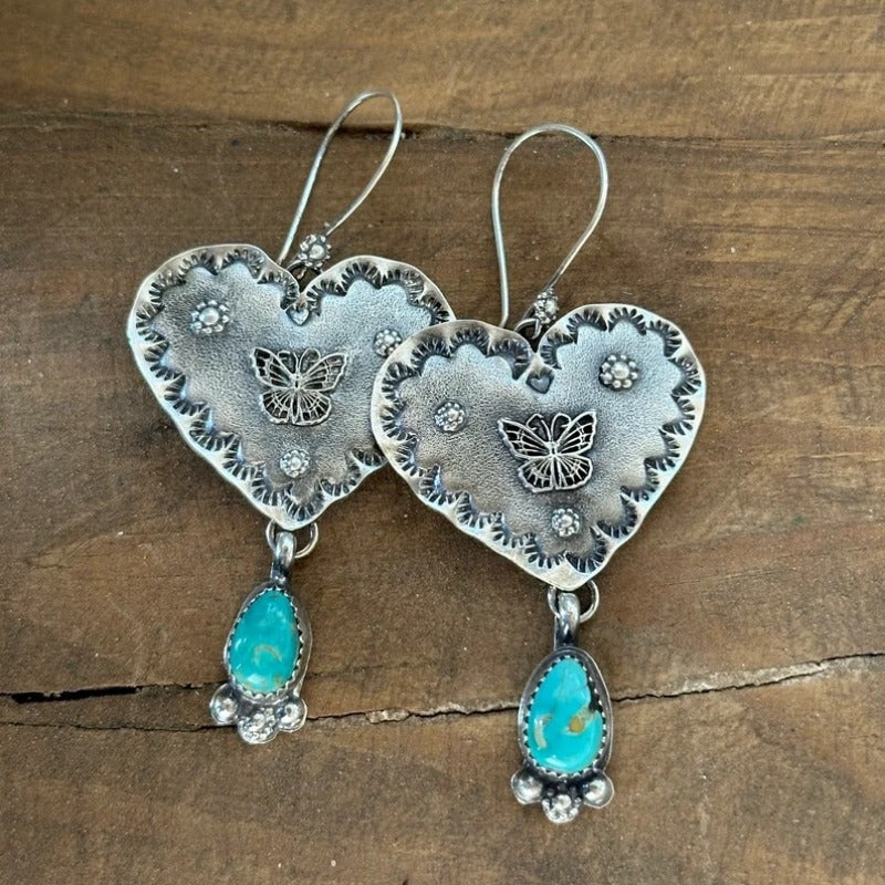 Handcrafted Silver Boho Turquoise Heart Butterfly Earrings
