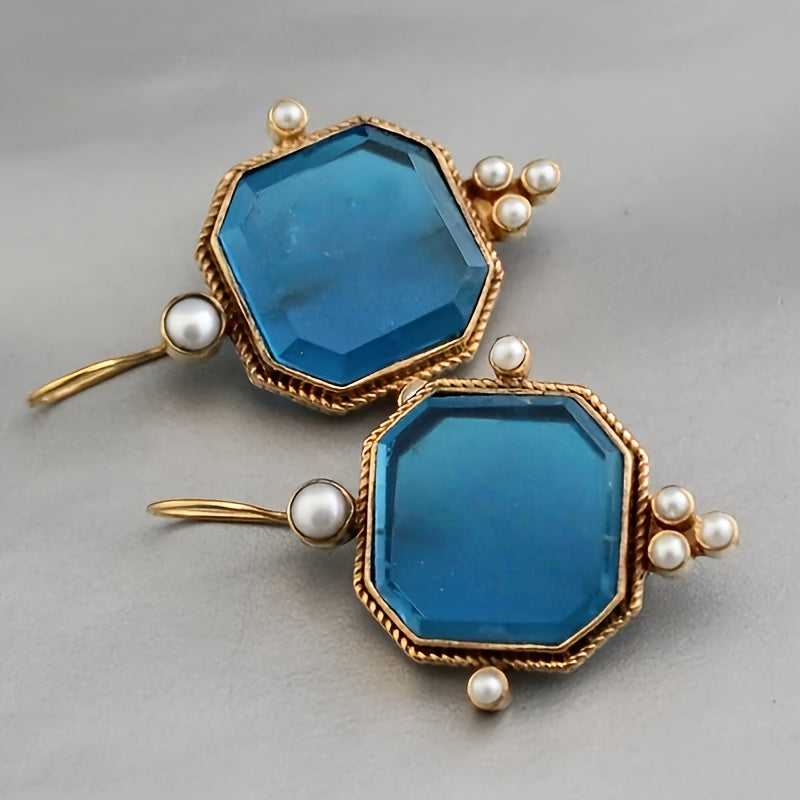 Vintage Blue Glass Accents Fleur De Lis Dangle Earrings