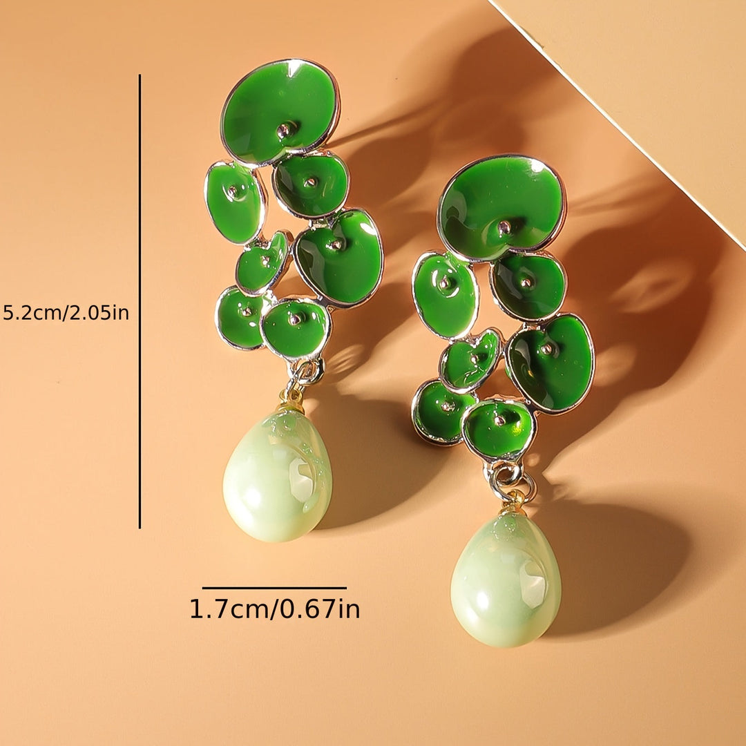 Green Enamel Floral Drop Earrings with Jade Teardrop