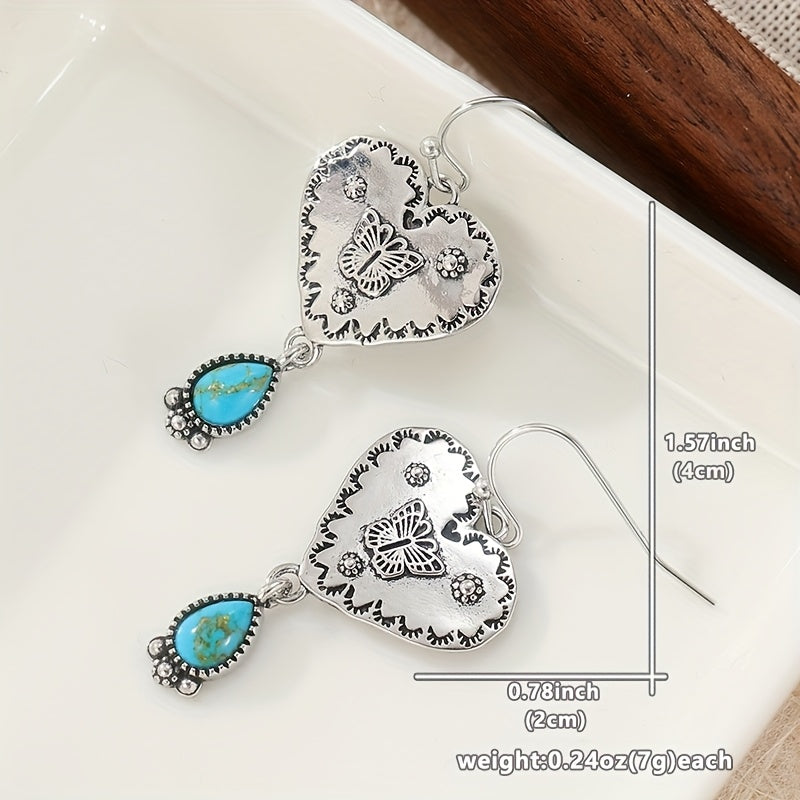 Handcrafted Silver Boho Turquoise Heart Butterfly Earrings