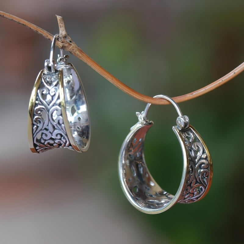 Vintage Two-Tone Hand Carved Bohemian Hoop Earrings