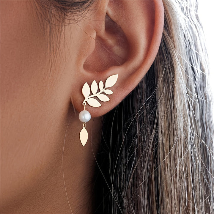 Vintage Elegant Gold Leaf & Pearl Drop Earrings