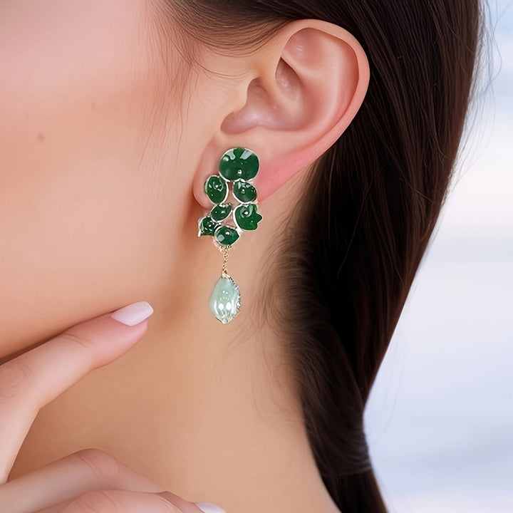 Green Enamel Floral Drop Earrings with Jade Teardrop