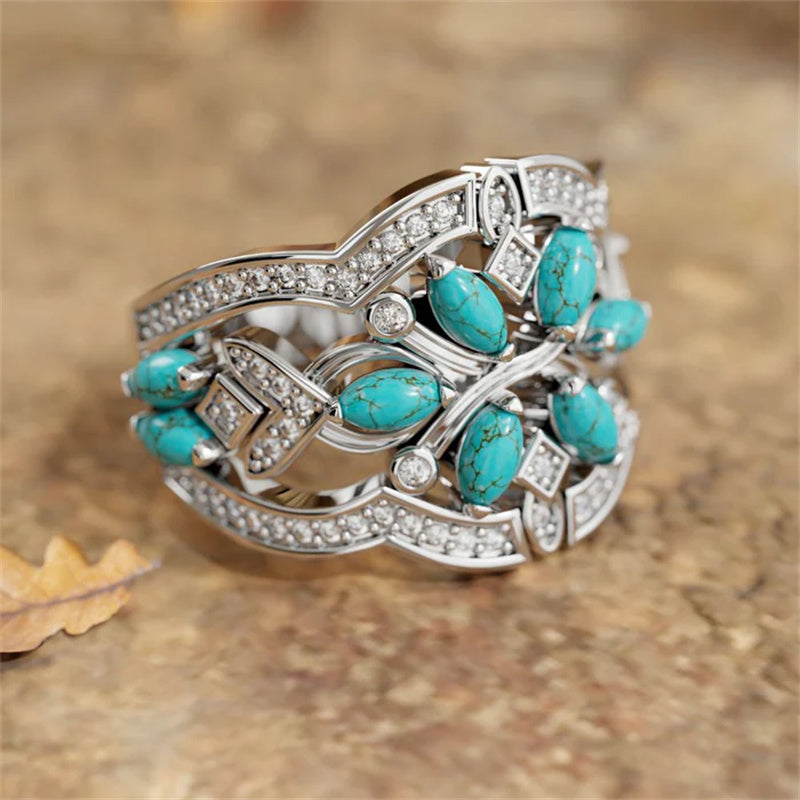 Anel vintage boho com flores e ramagens turquesa
