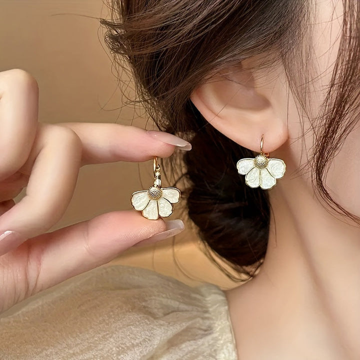 Elegant Four Petals Flower Enamel Drop Earrings