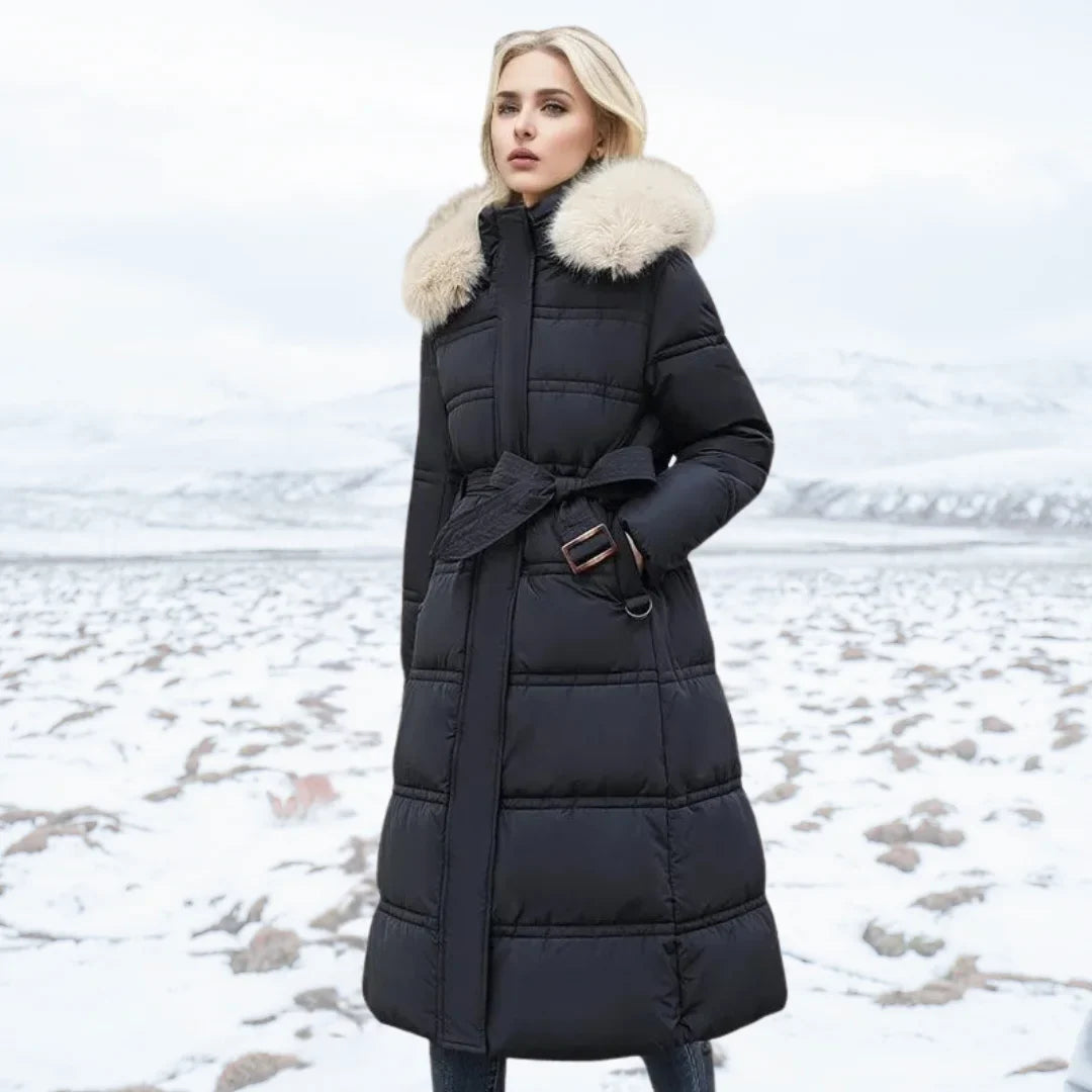 Designer winter parka with fur hood in Black and White