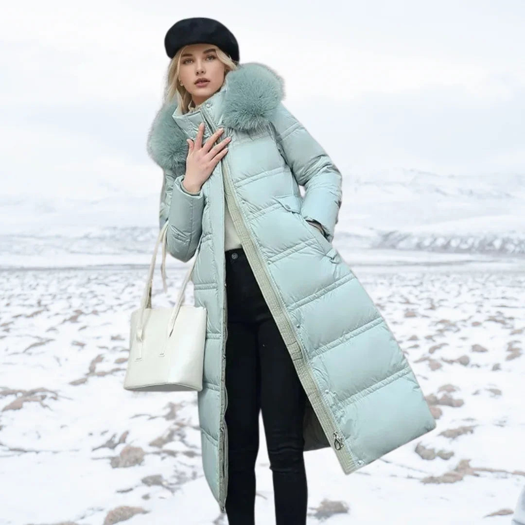 Designer winter parka with fur hood in Blue