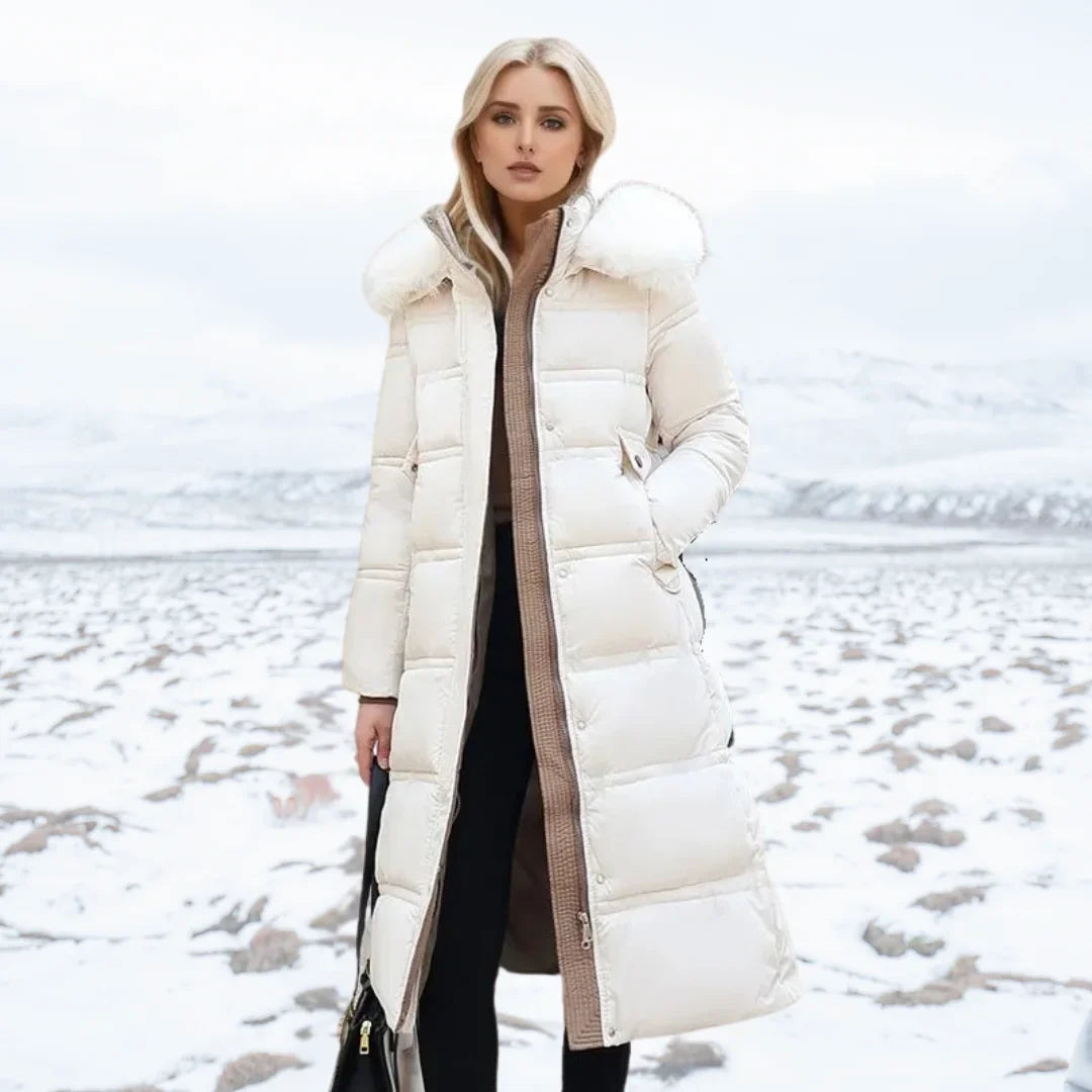 Designer winter parka with fur hood in White