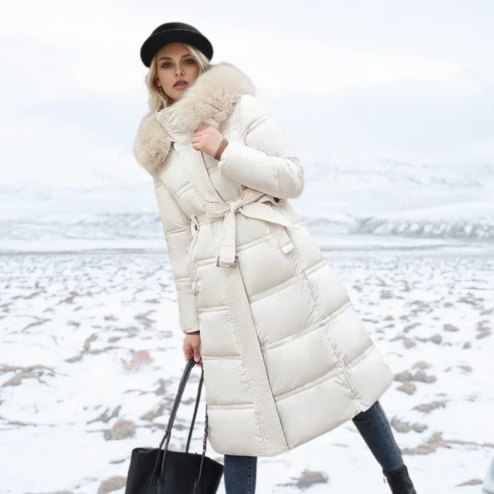 Designer winter parka with fur hood in White and Beige