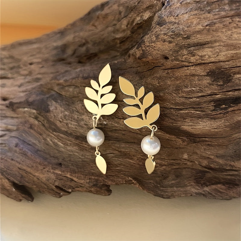 Vintage Elegant Gold Leaf & Pearl Drop Earrings