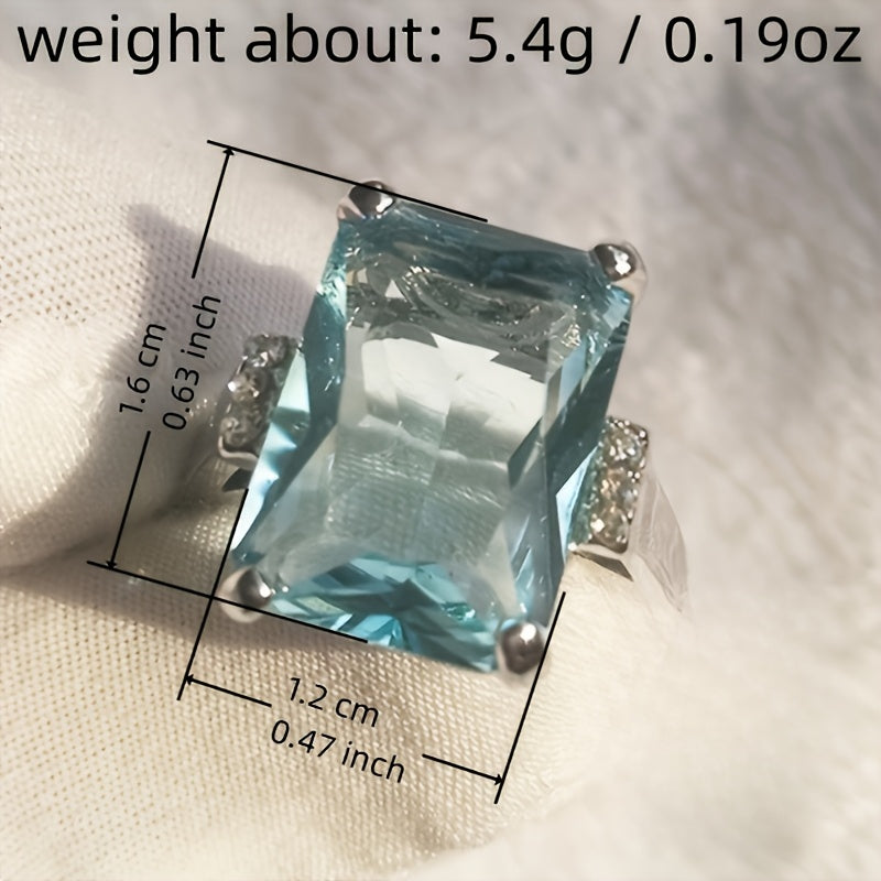 Anel elegante clássico com pedra preciosa azul-marinho quadrada, com 4 garras