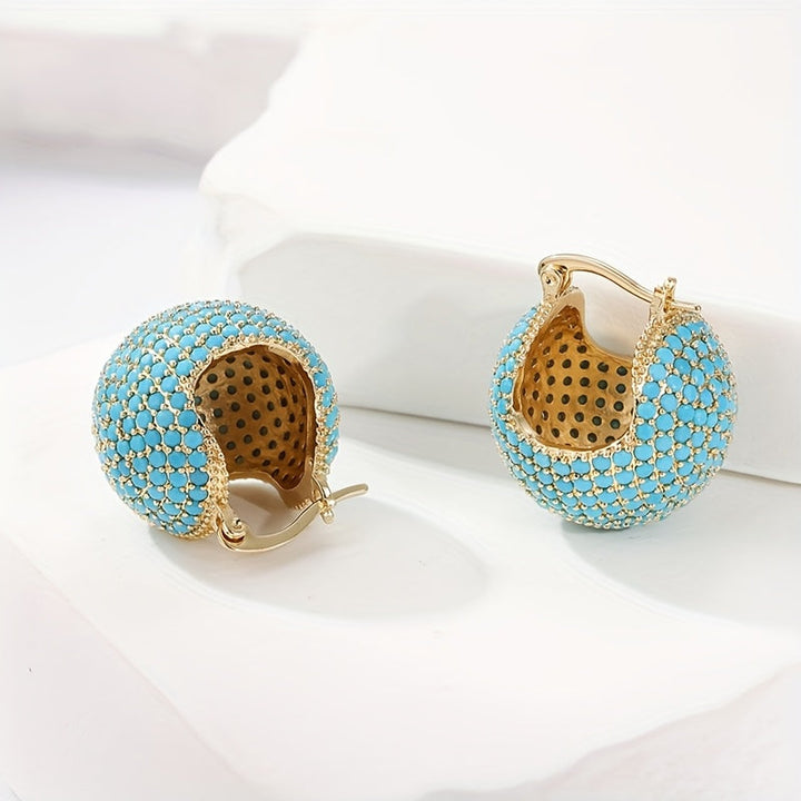 Classic Retro Style Gold Turquoise Dome Hoop Earrings