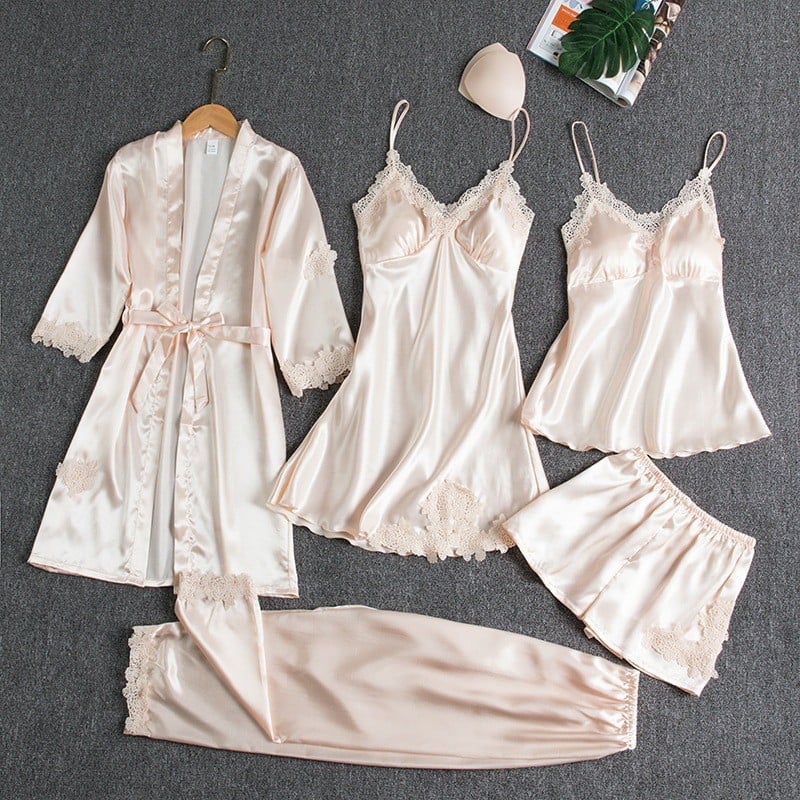 Rebecca | Conjunto de ropa de dormir de 5 piezas de seda con encaje