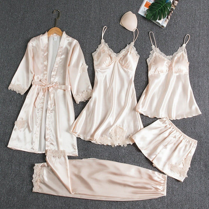 Rebecca | Conjunto de ropa de dormir de 5 piezas de seda con encaje