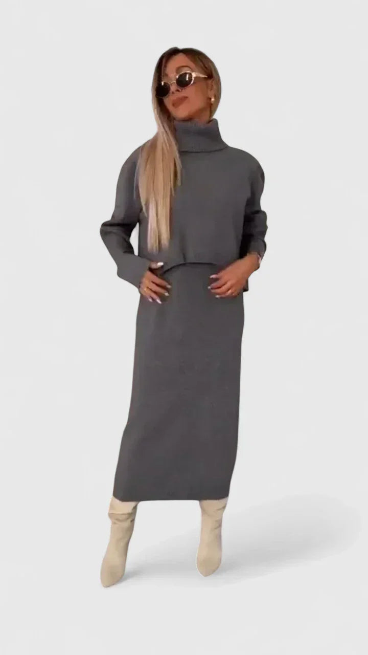 Chrystahl | Conjunto elegante de vestido y suéter de cuello alto
