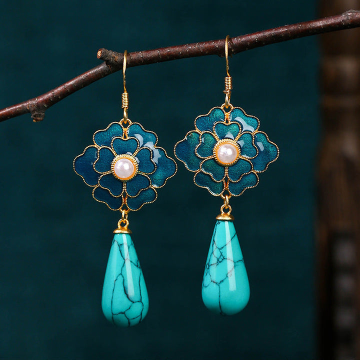 Elegant Vintage Turquoise Floral Design & Pearl Drop Earrings