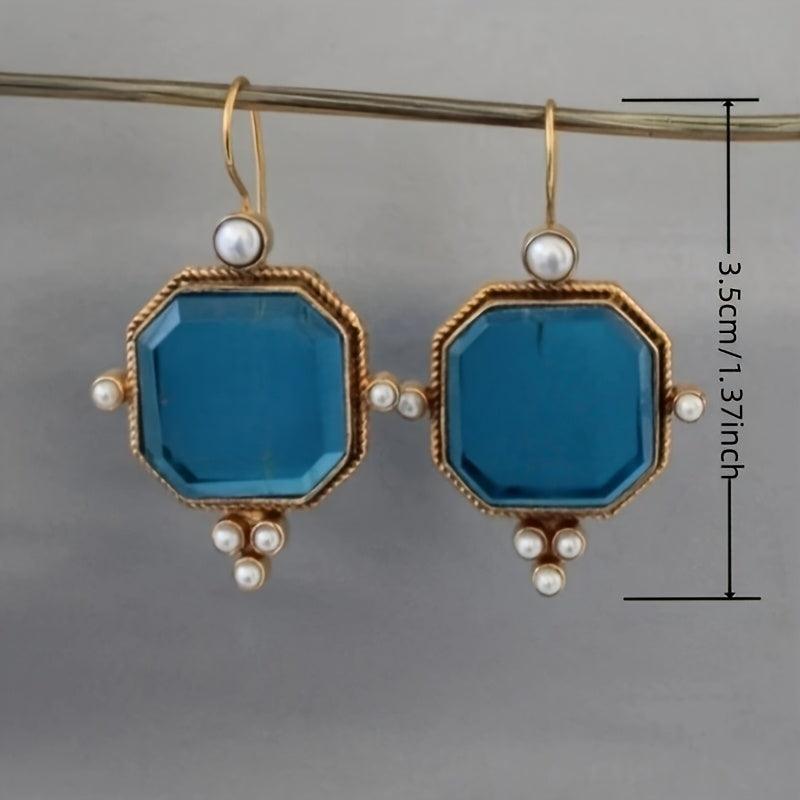 Vintage Blue Glass Accents Fleur De Lis Dangle Earrings