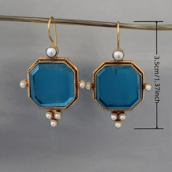 Vintage Blue Glass Accents Fleur De Lis Dangle Earrings