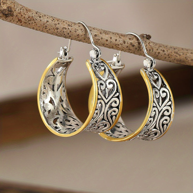 Vintage Two-Tone Hand Carved Bohemian Hoop Earrings