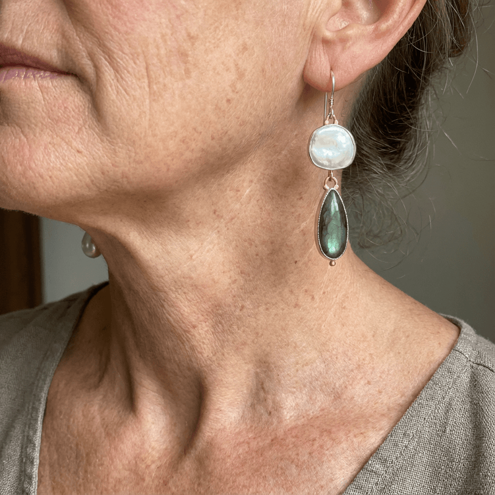 Elegant Labradorite Pearl Statement Drop Earrings