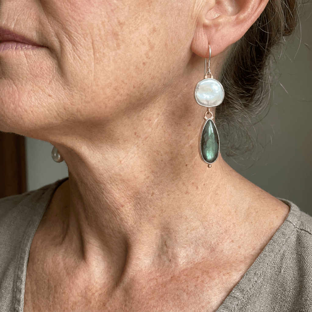 Elegant Labradorite Pearl Statement Drop Earrings