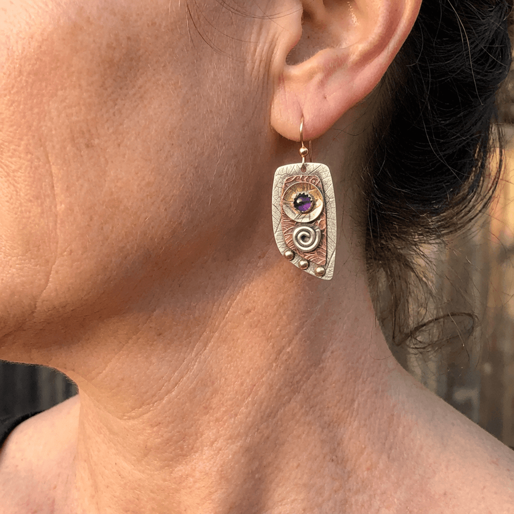 Mixed Metal Amethyst Artisan Drop Earrings