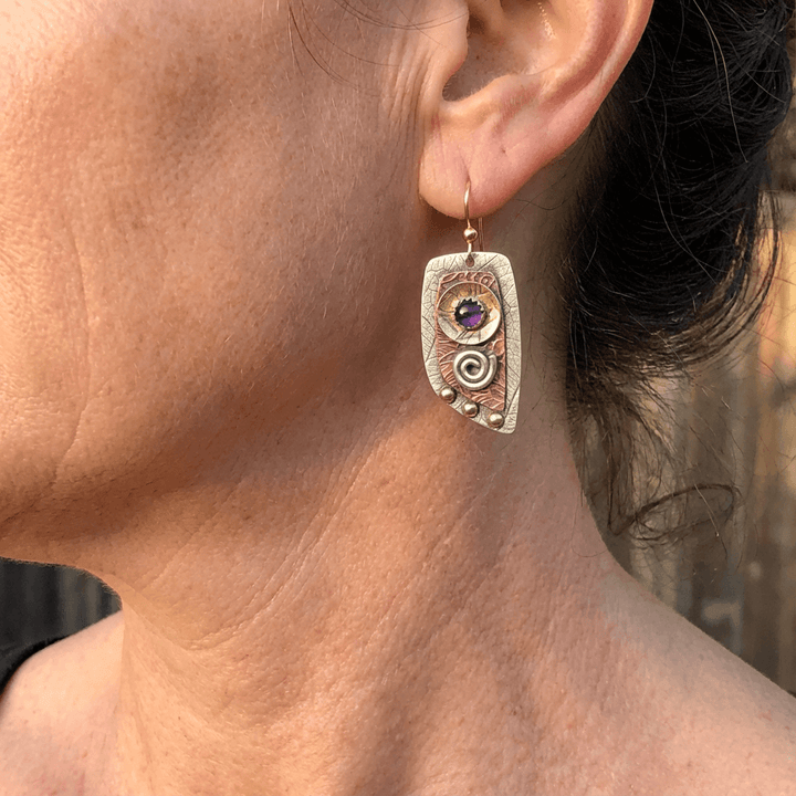 Mixed Metal Amethyst Artisan Drop Earrings
