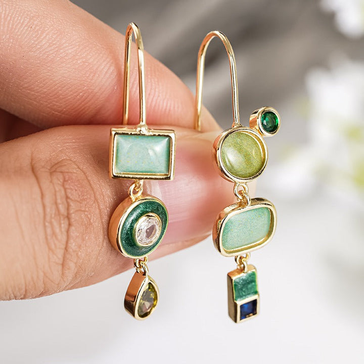 Vintage Geometric Green Stone Gold Drop Earrings
