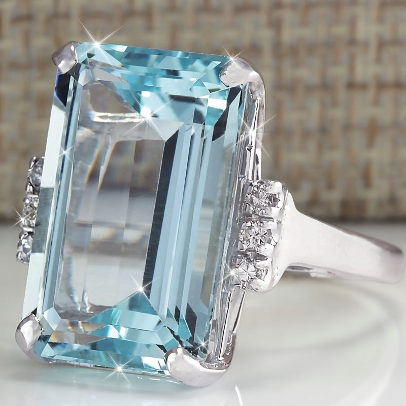 Anel elegante clássico com pedra preciosa azul-marinho quadrada, com 4 garras