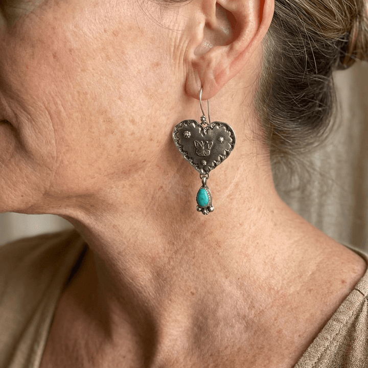 Handcrafted Silver Boho Turquoise Heart Butterfly Earrings