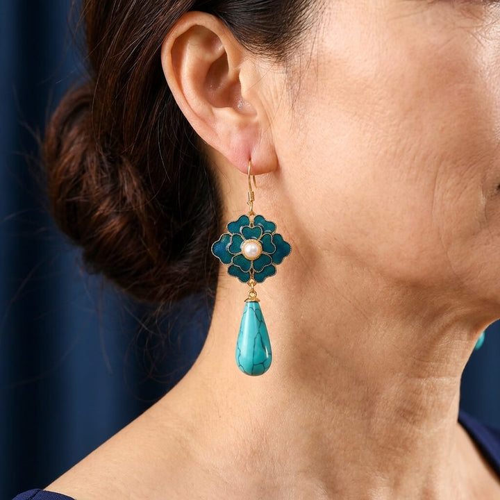 Elegant Vintage Turquoise Floral Design & Pearl Drop Earrings