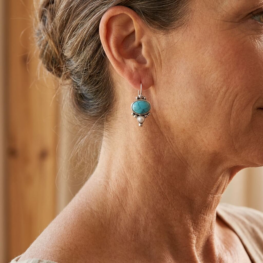 Vintage Silver Plated Turquoise & Pearl Drop Earrings