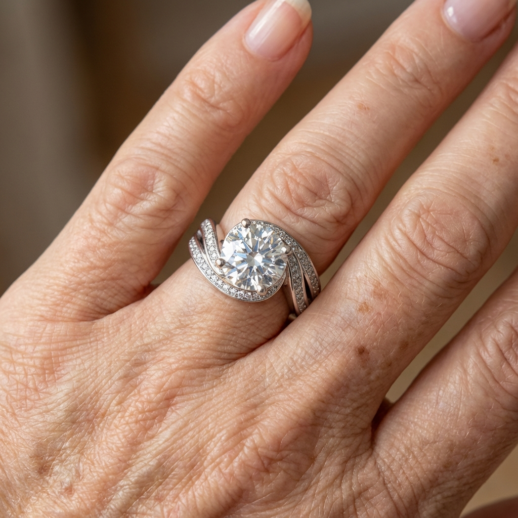Clásico anillo llamativo redondo de plata chapada con circonita brillante