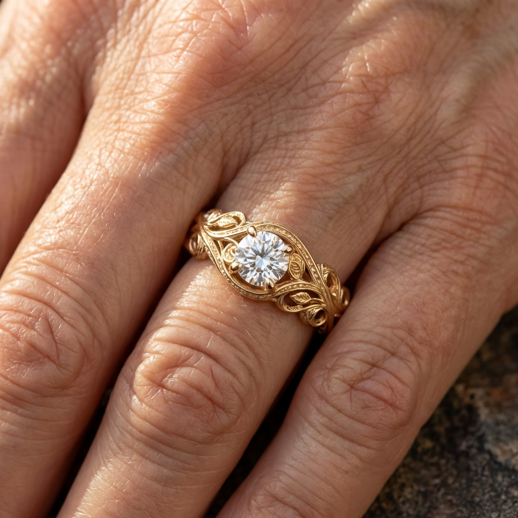 Anillo solitario de filigrana con diseño de ondas
