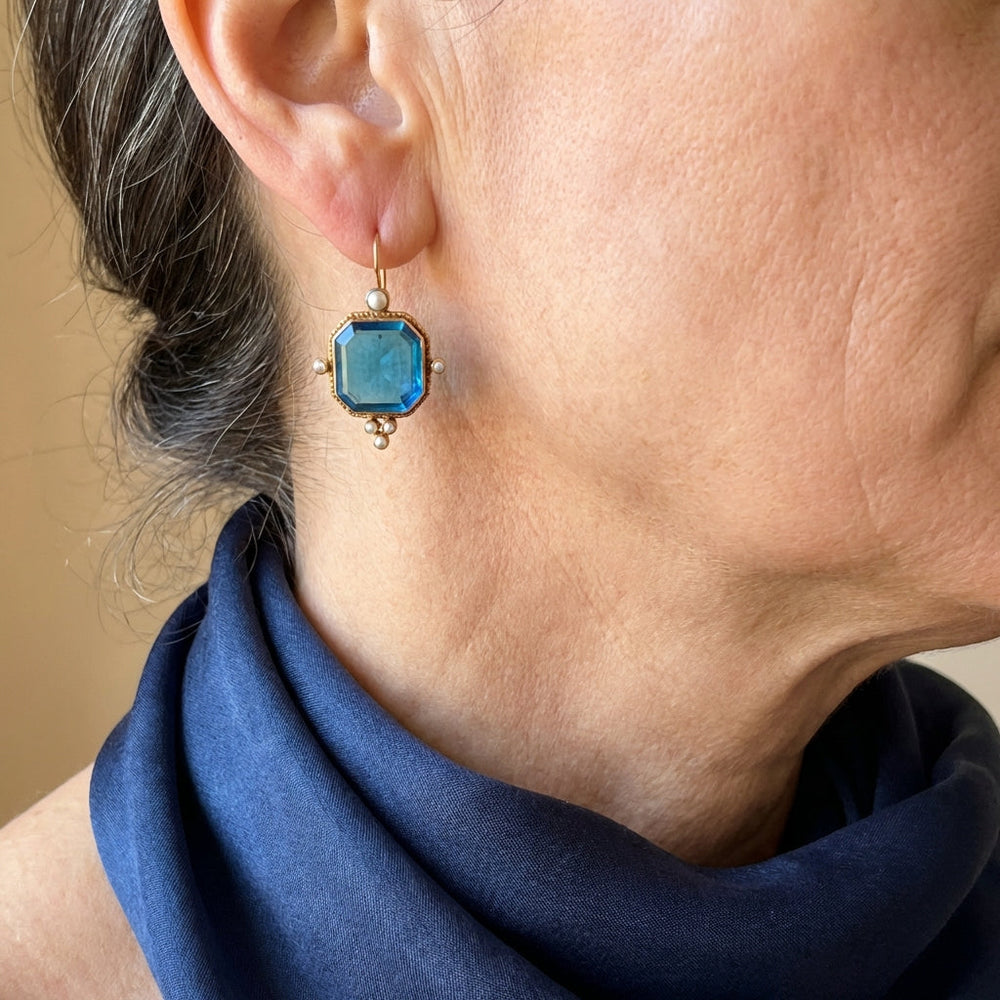 Vintage Blue Glass Accents Fleur De Lis Dangle Earrings