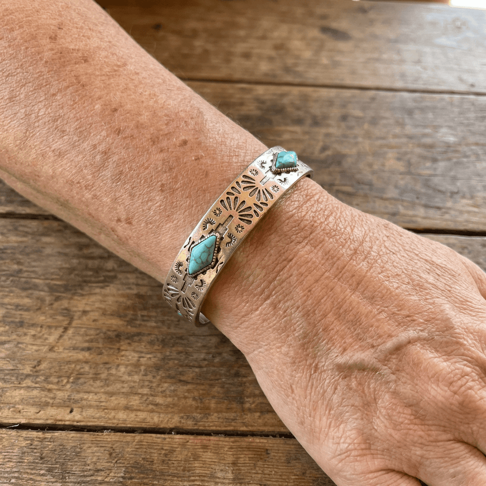 Vintage Bohemian Western Totem Engraved Inlaid Turquoise Bracelet