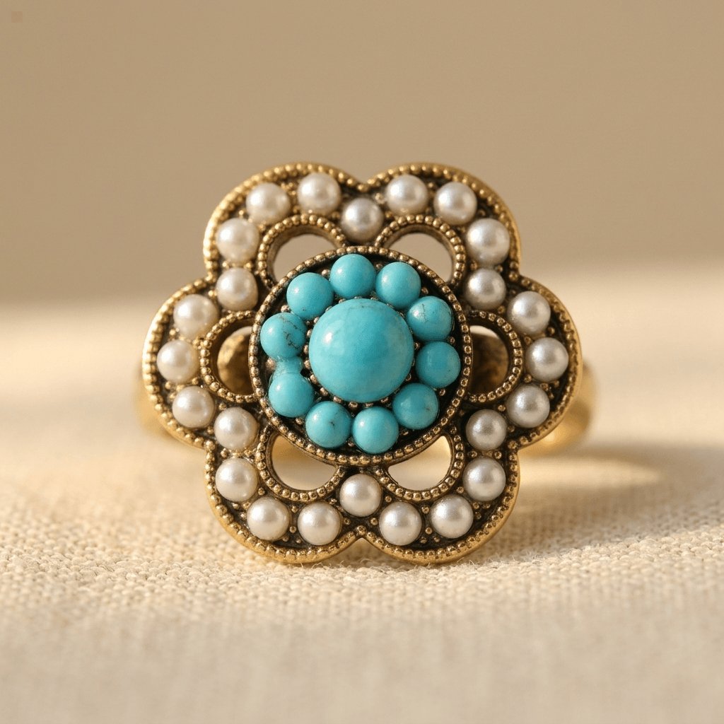 Anillo floral de turquesa y perla