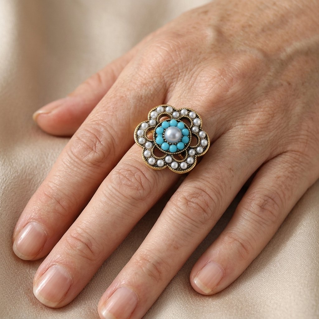 Anillo floral de turquesa y perla