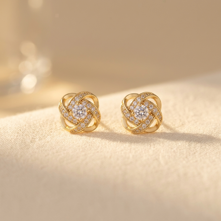 Gold Spiral Floral Crystal Stud Earrings